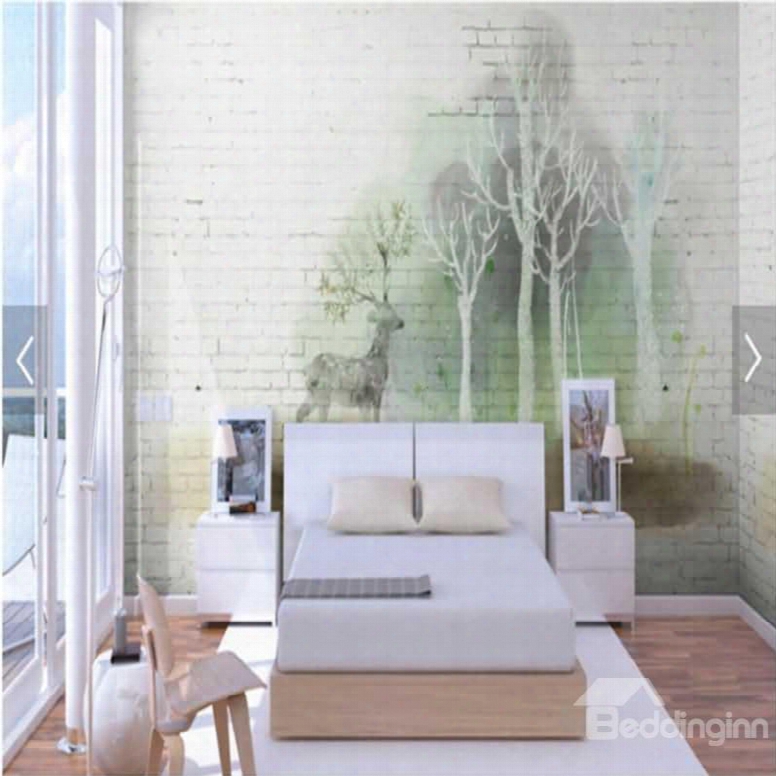 Green Forest And Deer With Bricks Background 3d Waterproof Wall Murals