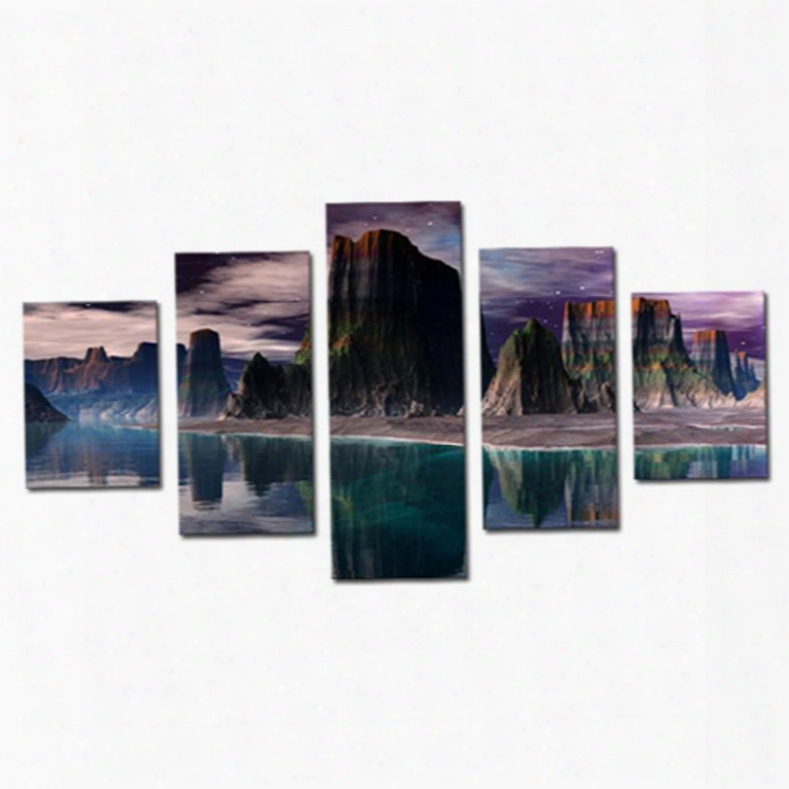 Green Lake And Mountain 5-panel Canvas Hung Non-framed Wall Prints