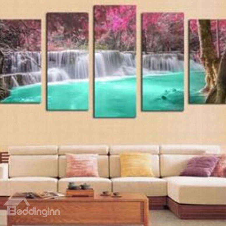 Green Lake And Waterfall Hanging 5-piece Canvas Non-framed Wall Prints