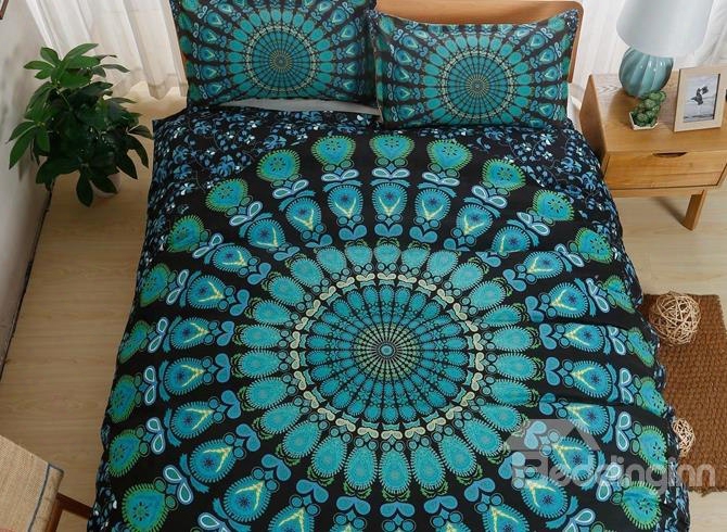 Green Peacock Mandala Print Polyester 3-piece Bedding Sets