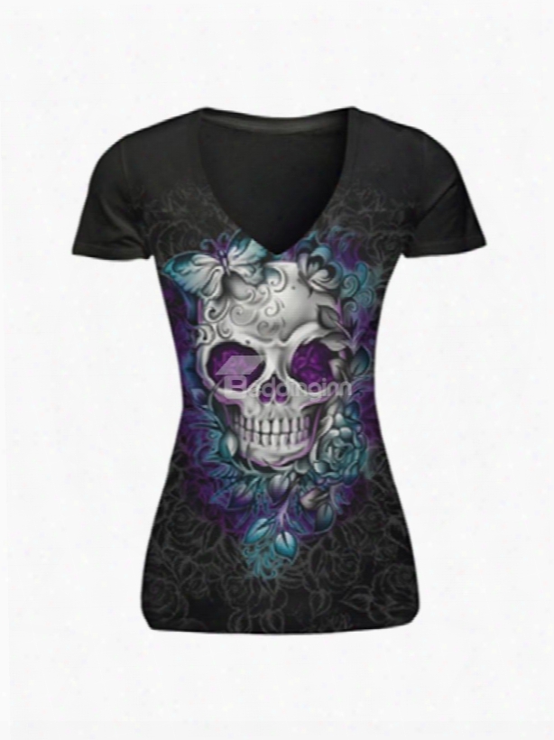 Grey Leaves And Butterfly With Skull Heads Printing Polyester Female 3d T-shirrs