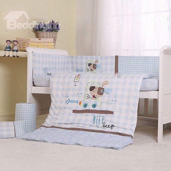 Light Blue Naughty Dog Print 7-piece Cotton Baby Crib Bedding Set