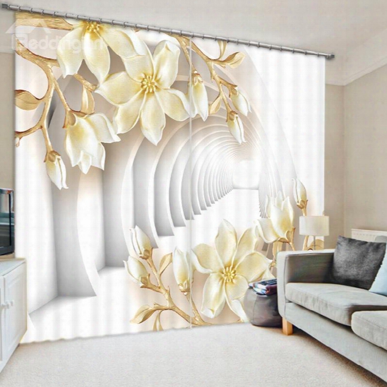 Light Yellow Flowers And Corridor 3d Printed Polyester Curtain