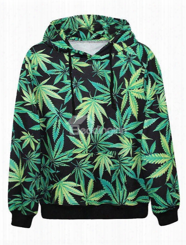 Long Sleeve Leaves Pattern Pocket 3d Painted Hoodie