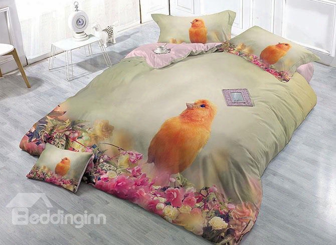 Lovely Bird And Flowers Printing Satin Drill 4-piece Duvet Cover Sets