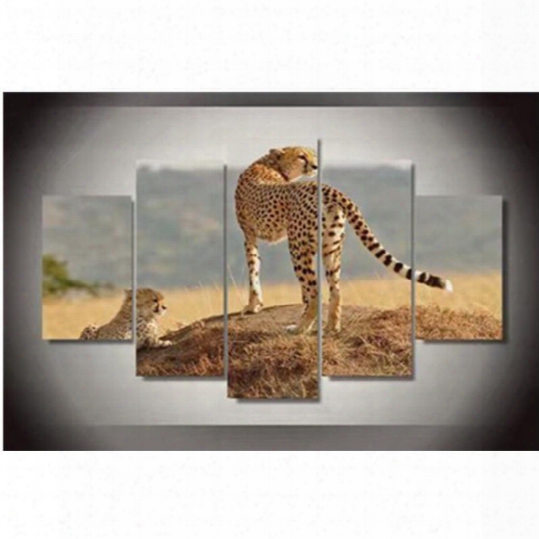 Lying And Standing Leopards 5-piece Canvas Non-framed Wall Prints