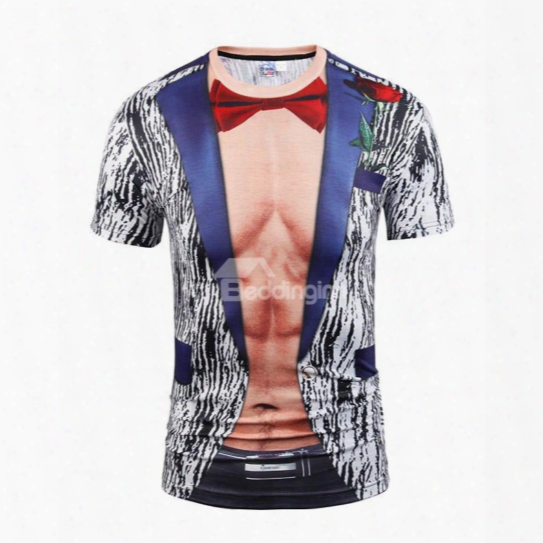 Muscle With Red Bowknot Printing Polyester Casual Men's 3d T-shirts