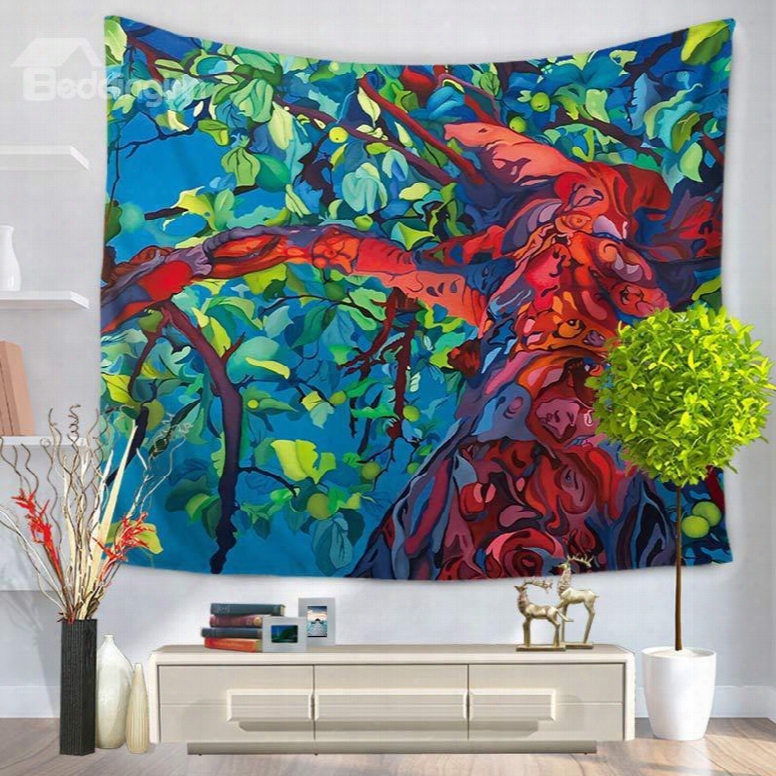Oil Painting Red Trunk With Green Leaves Bohemian Hanging Wall Tapestry