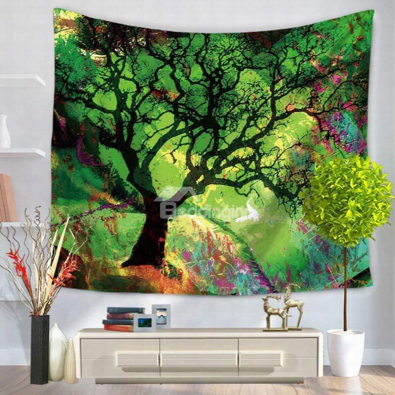 Oil Painting Tree Branches Bohemian Style Green Hanging Wall Tapestry