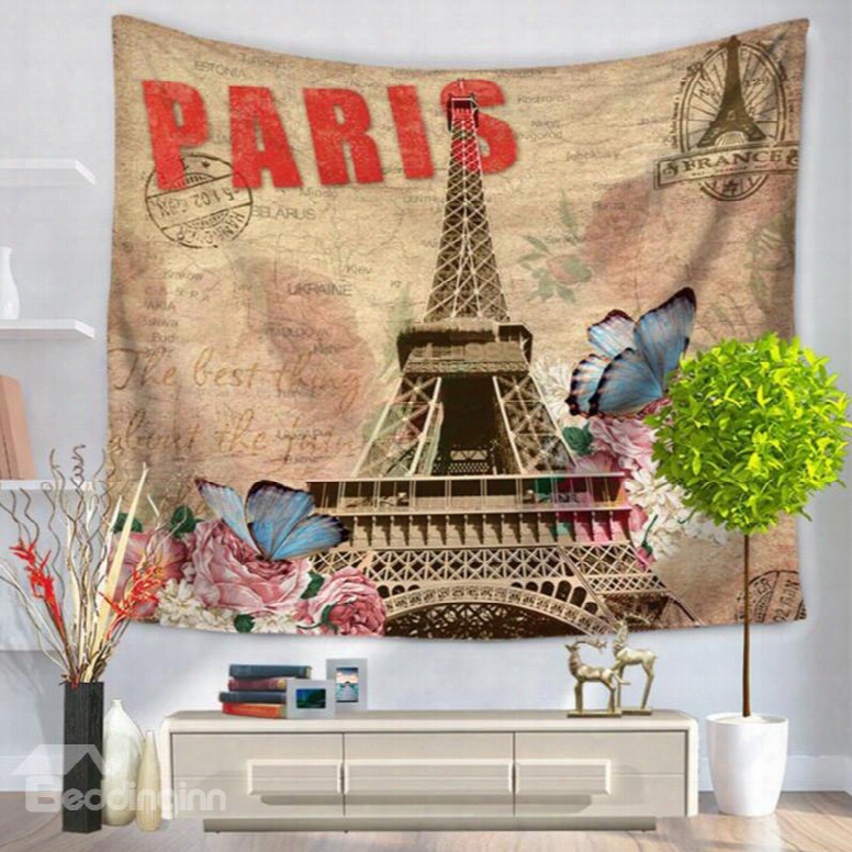 Paris Eiffel Towe And Butterflies Print Modern Style Hanging Wall Tapestries