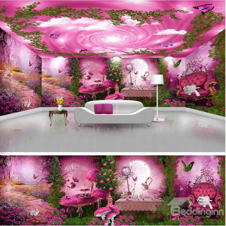 Pink Beautiful Forest Scenery And Sky Pattern Design Waterproof 3d Ceiling And Wall Murals