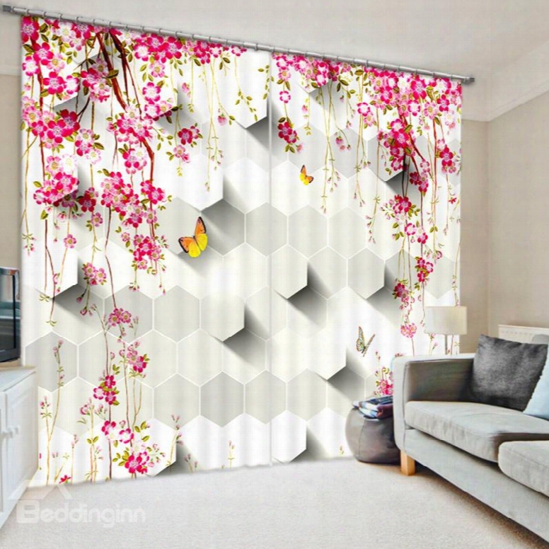 Pink Flower Ans Yellow Butterfly 3d Printed Polyester Curtain