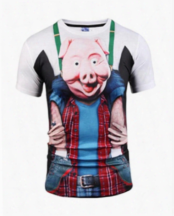 Pink Pig Prinnting Polyester Round Neck Acsual Men's 3d T-shirts