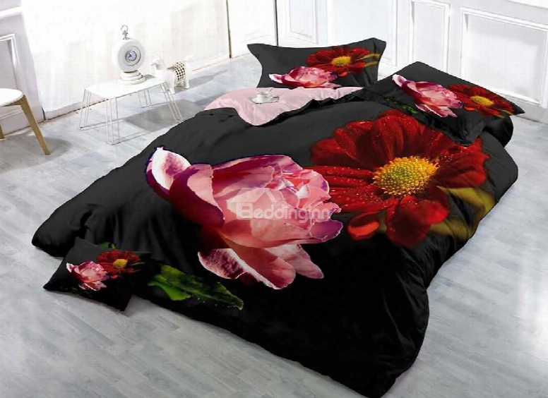 Pink Rose And Red Dahlia Cotton Luxury 3d Printed 4-pieces Bedding Sets