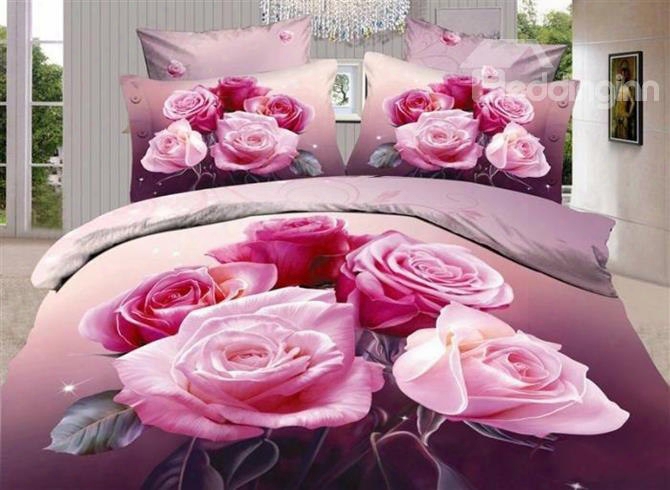 Pink Roses 3d Printed Cotton 4-piece Bedding Sets/duvet Covers