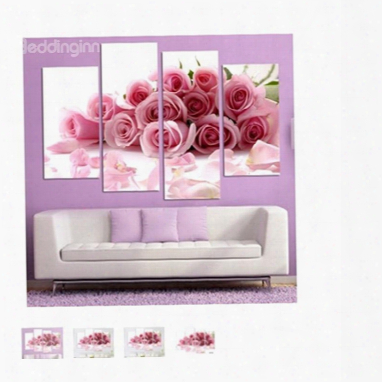 Pink Roses Hanging 4-piece Canvas Waterproof And Eco-friendly Non-framed Prints