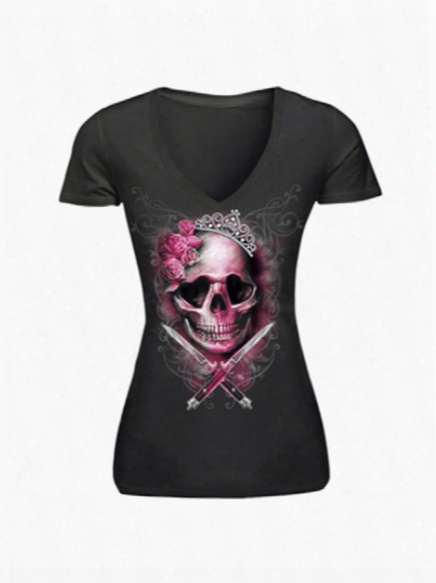 Pinkk Skull Heads With Crown And Knifes Polyester V-neck 3d Female T-shirts