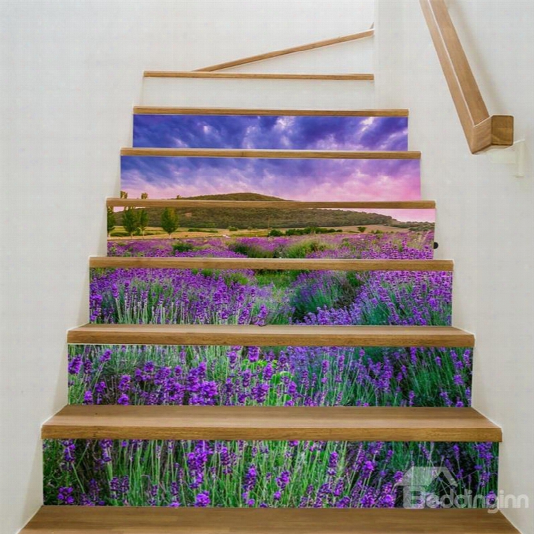 Purple Sky And Lavender 6-piece 3d Pvc Waterproof Stair Murals