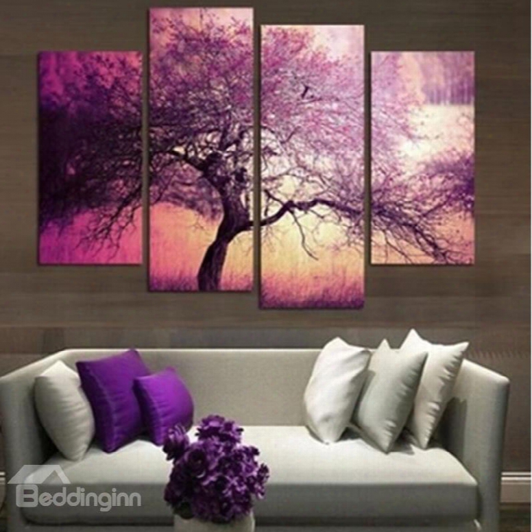 Purple Tree And Sunrise 4-panel Canvas Hung Non-framed Wall Prints