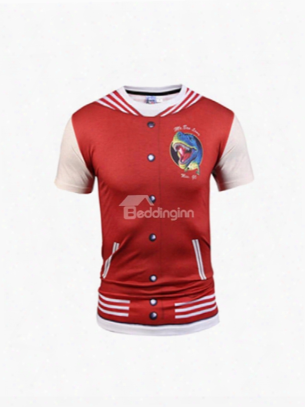 Red Dinosaur With Buttons Printing Polyester Sports Men's 3d T-shirts