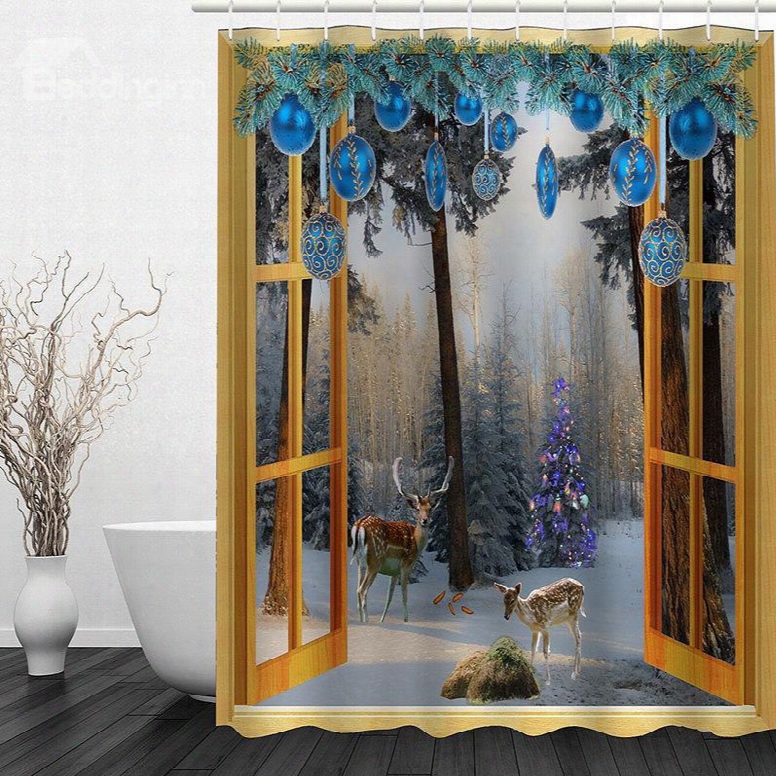 Reindeer Outside The Window 3d Printed Bathroom Waterproof Shower Curtain