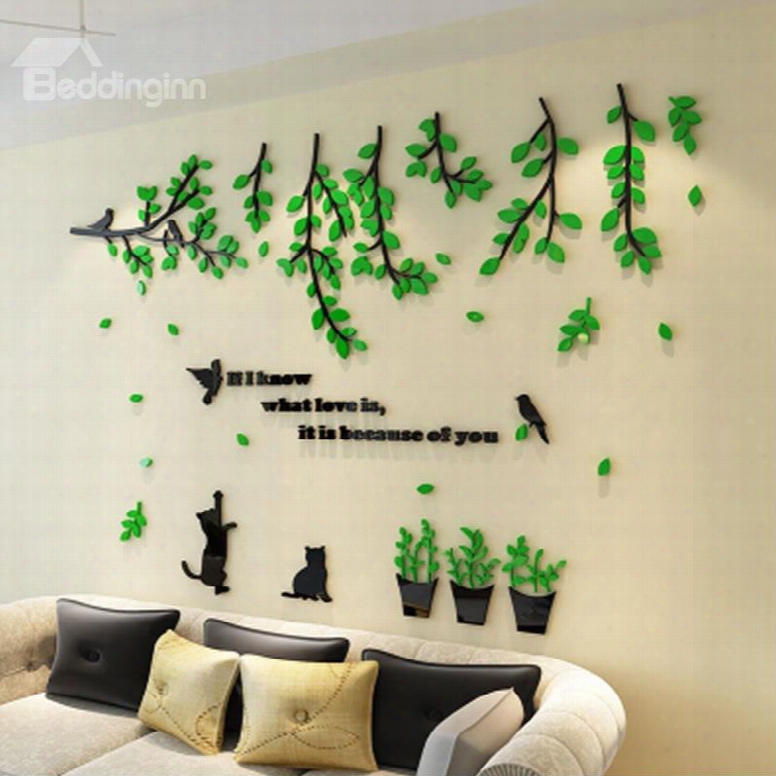 Removable Tree And Cat Acrylic 71*47 Kids Wall Stickers