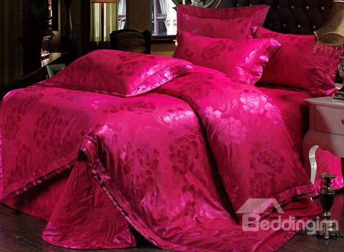 Romantic Roses Red Jacquard 4-piece Bamboo Fabric Bedding Set