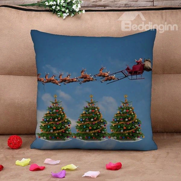 Santa And Colorful Christmas Tree Print Throw Pillow Case