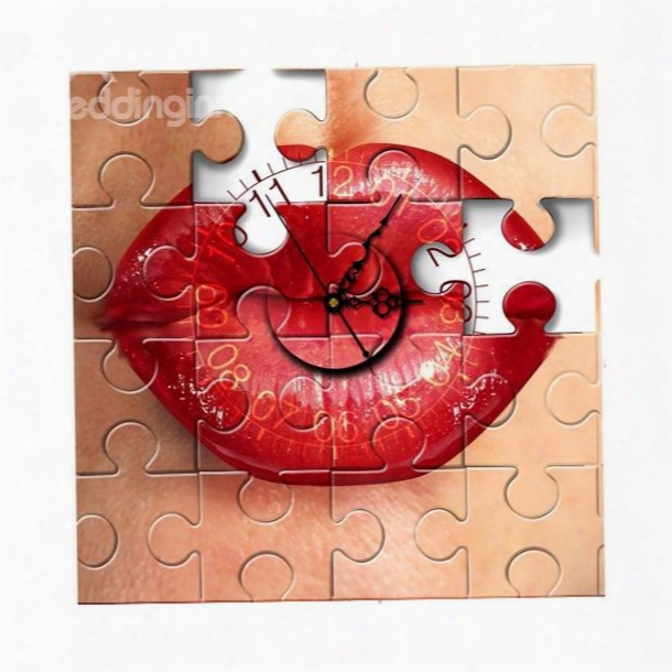 Sexy Red Lip In Puzzle Needle And Digital Sticker Wall Clock