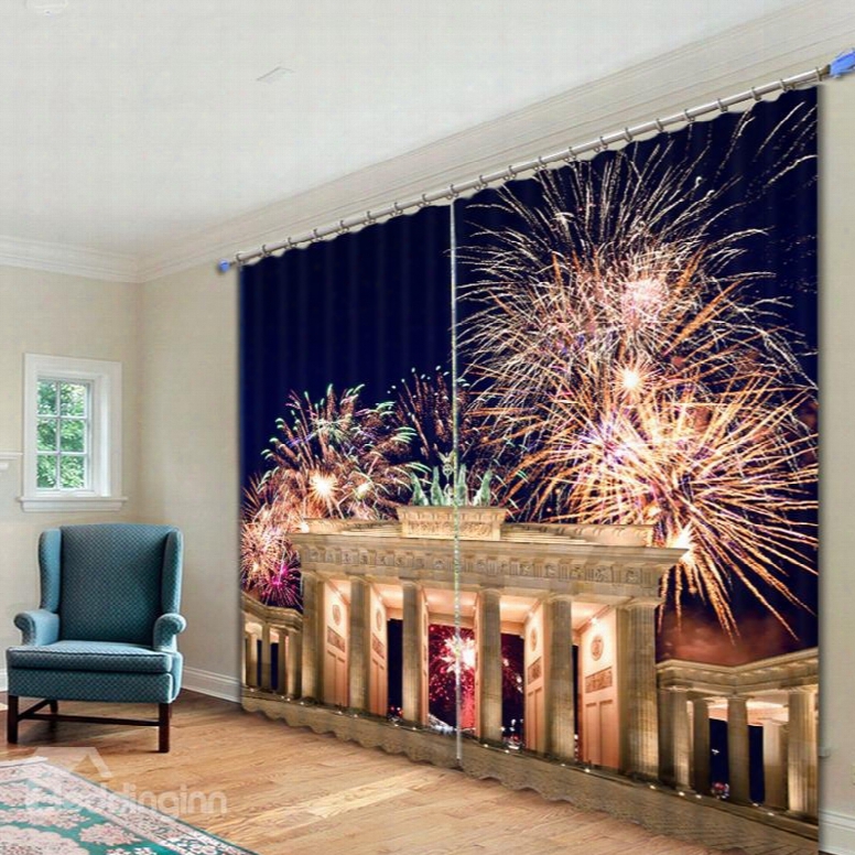 Shining Fireworks At Night Printed 3d Curtain