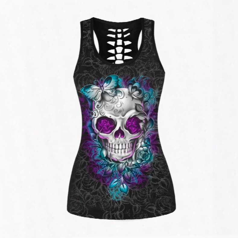Silvery Skull Head With Purple Rose Printing Hollow Out Female 3d Tops