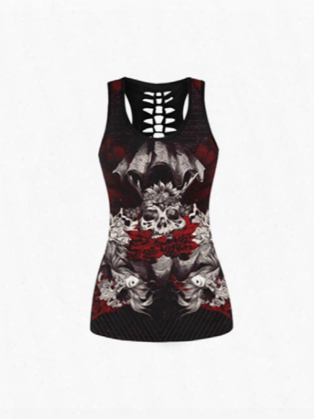 Skull Head With Red Flower Printing Polyester Round Neck Female 3d Tops