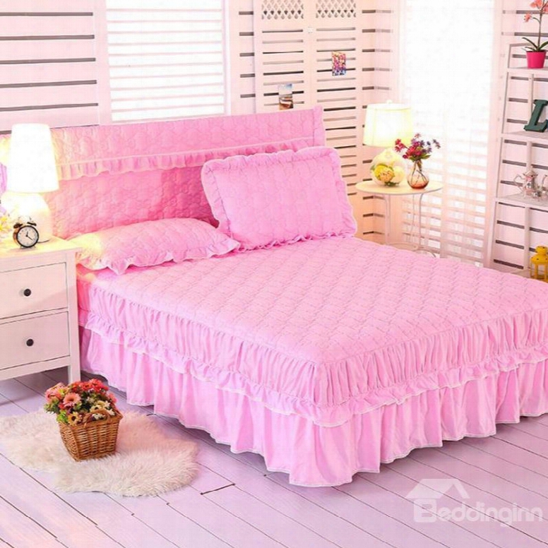 Solid Color Bed Skirt With 2-piece Pillowcases