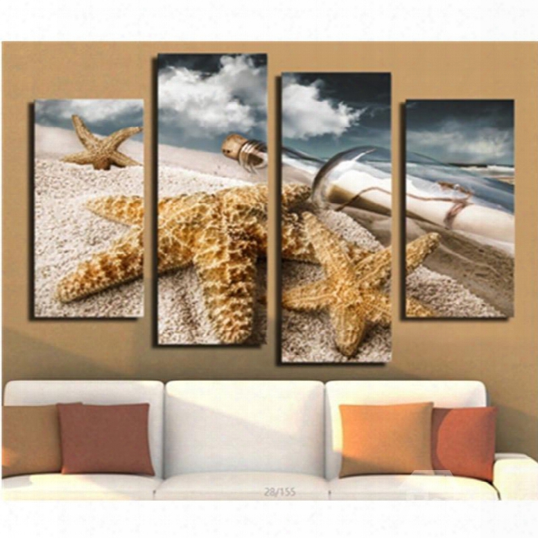 Starfishes And Bottle Lying On Beach Hanging 4-piece Canvas Waterproof Non-framed Wall Prints