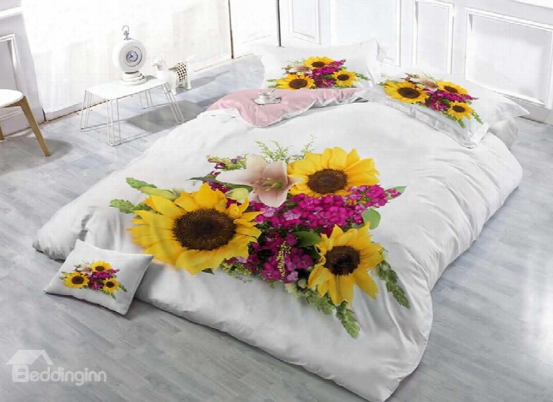 Sunflower White Cotton Luxury 3d Printed 4-piece Bedding Sets/duvet Cover