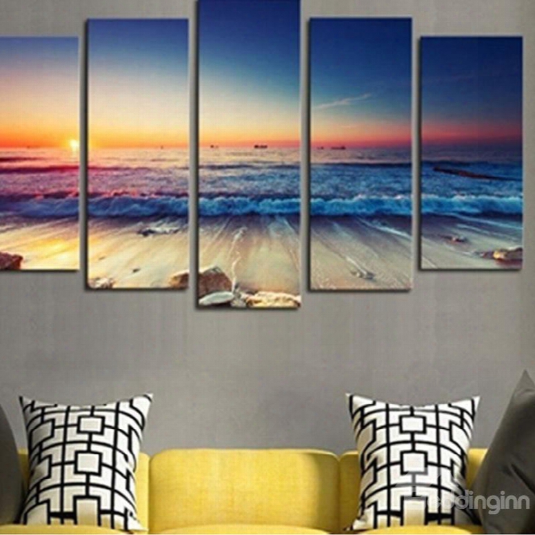 Sunrise On The Seaside 5-panel Canvas Hung Non-framed Wall Prints