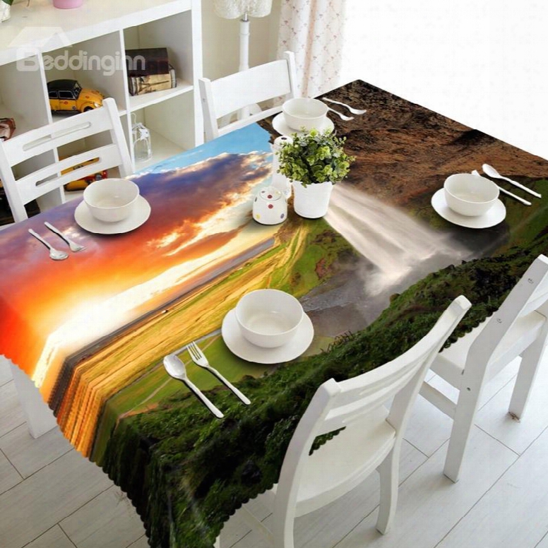Sunset Waterfall Natural Scenery Prints Design Washable 3d Tablecloth
