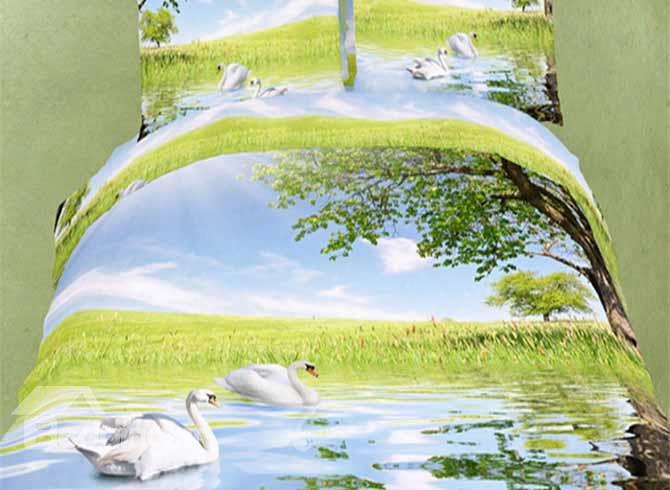 Swans On Lake Wild Scenery Polyester 4-piece Polyester Duvet Cover Sets