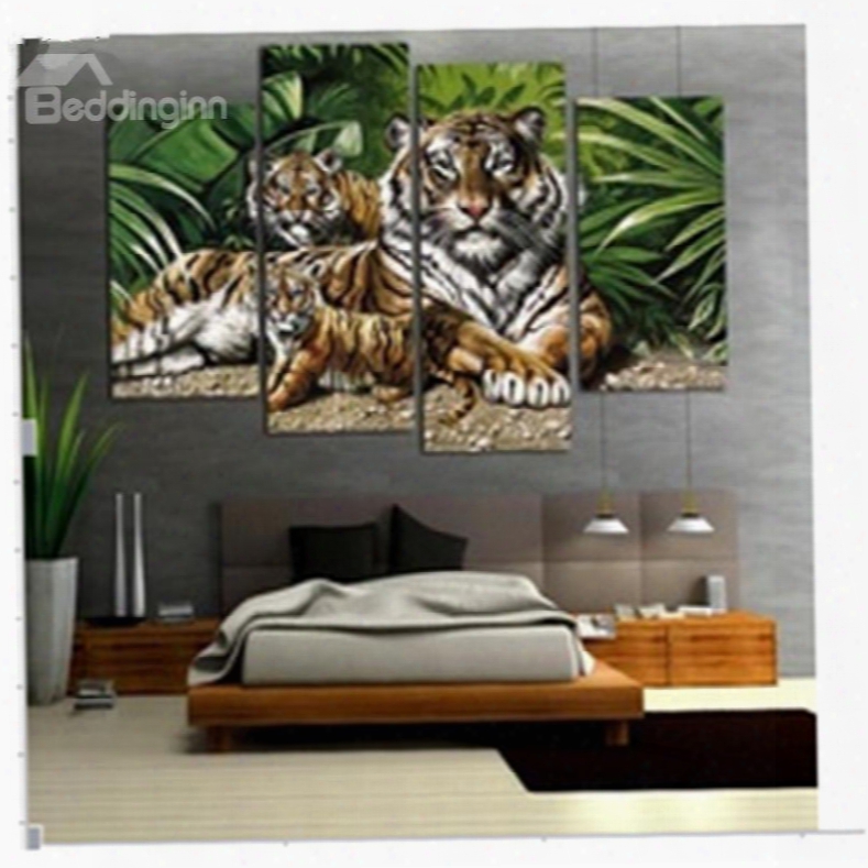 Tiger Pattern And Green Plants Hanging 4-piece Canvas Waterproof And Ecoo-friendly Non-framed Prints