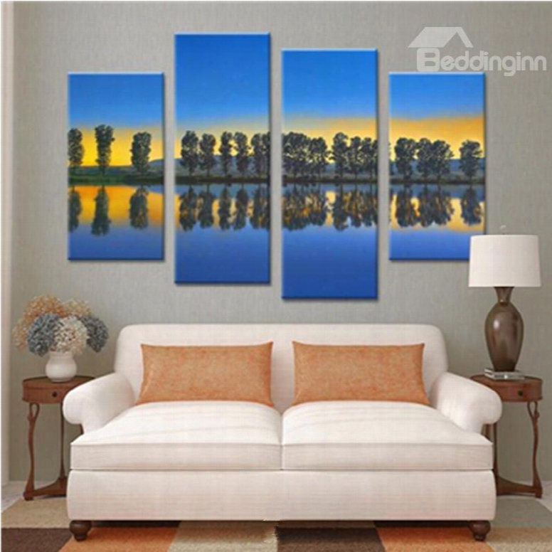 Trees And Lake In Blue Sky Hanging 4-piece Canvas Waterproof Eco-friendly Non-framed Prints