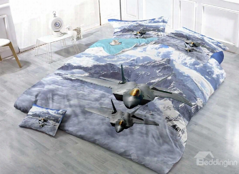 Two Military Aircraft Roaring Above Mountains Cotton Luxury 3d Printed 4-pieces Bedding Sets/duvet Covers