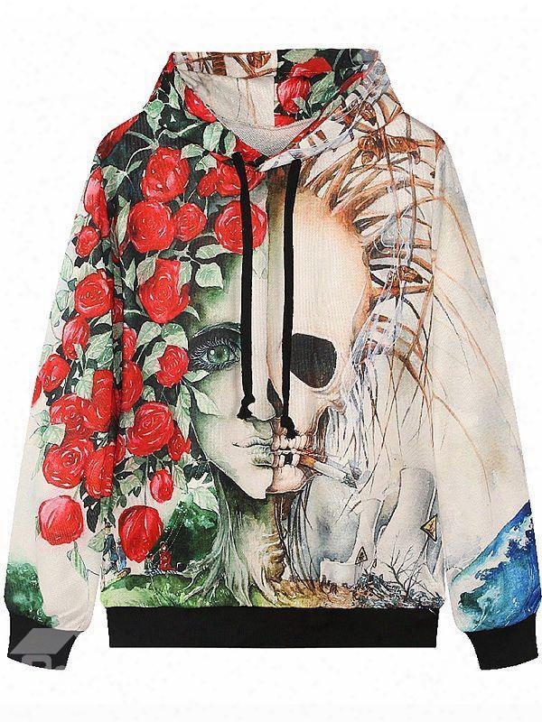 Unique Long Sleeve Rose And Skull Pattern Pocket 3d Painted Hoodie