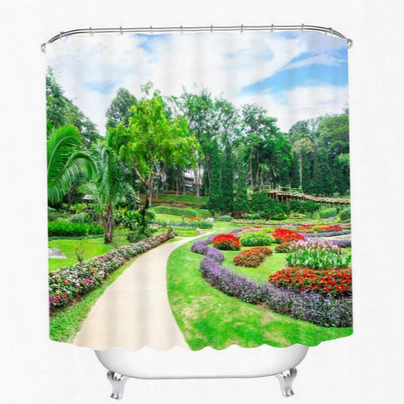 Vibrant Park With Colored Flowers 3d Printed Bathroom Waterproof Shower Curta In
