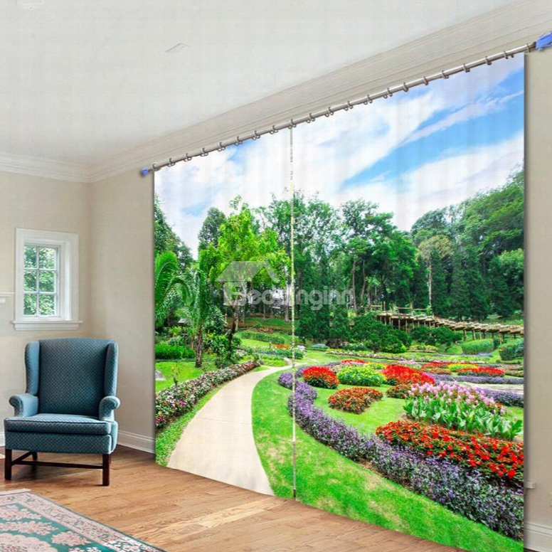 Vibrant Park With Colored Flowers 3d Printed Custom Polyester Curtain