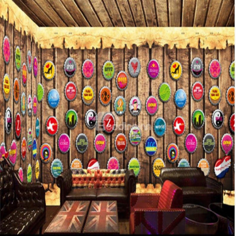 Vintage Style Bottle Cap On The Wall Pattern Combined 3d Ceiling And Wall Murals