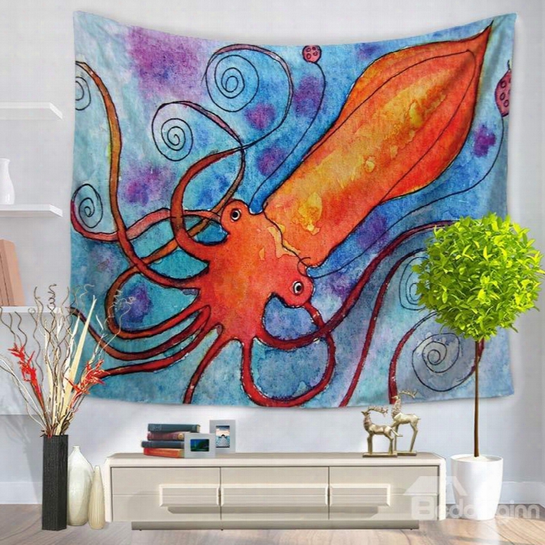 Watercolor Painting Orange Octopus In Blue Ocean Prints Hanging Wll Tapestries