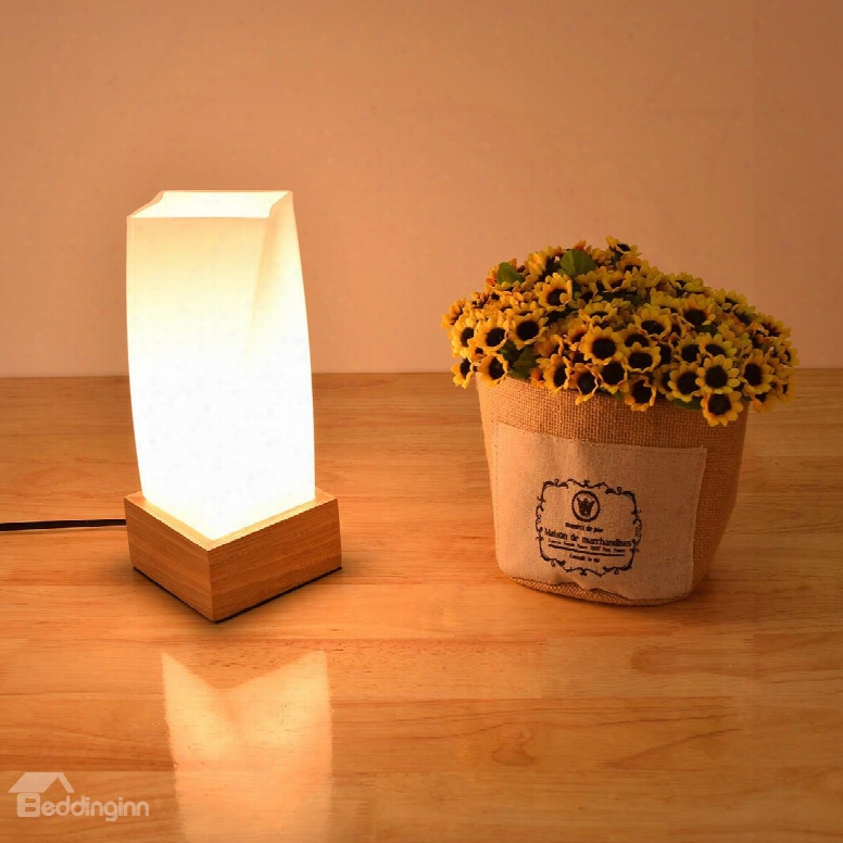 White Glass Cube With Wooden Base 1 Bulb Table Lamp