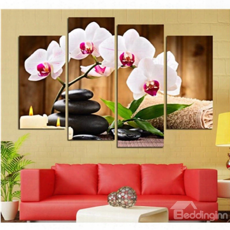 White Phalaenopsis And Black Stones 4-piece Canvas Non-framed Wall Prints