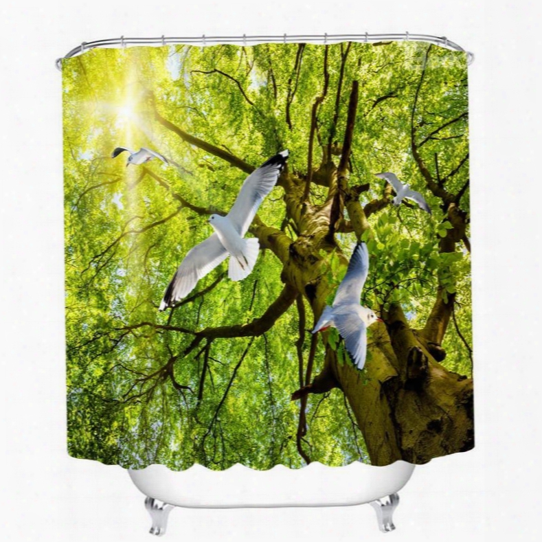 White Pigeons Flying From Tree 3d Printed Bathroom Waterproof Shower Curtain