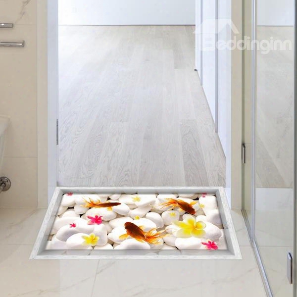 White Stone And Goldfish Slipping-preventing Water-proof Bathroom 3d Floor Sticker